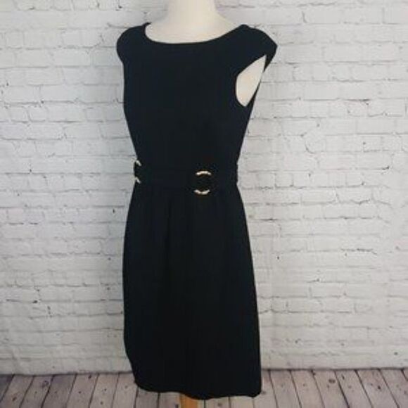 DAVID MEISTER - Textured Belted Sheath Dress Black 4 - Picture 2 of 7